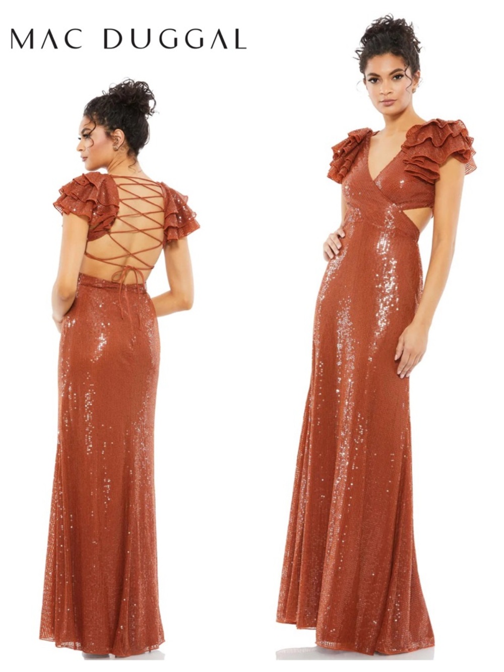 MAC DUGGAL Ruffle Shoulder Sequin Embellished Gown